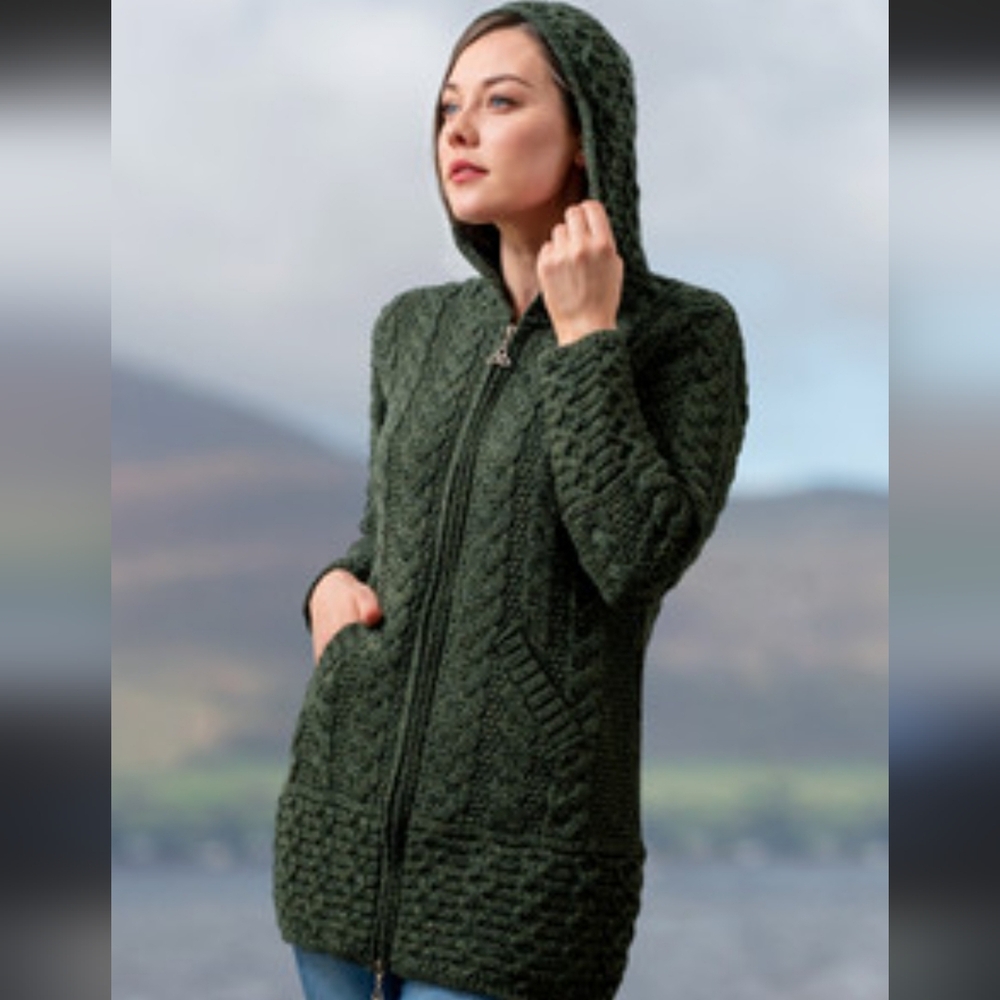 AranCrafts 100% Merino Wool Hooded Cardigan Full Zip Sweater Jacket Women's XS